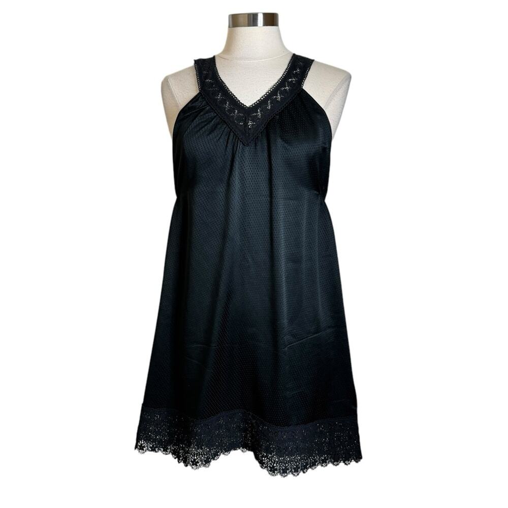 Joie Y2K Black Dot Texture Sleeveless Silk Lace Trim Mini Dress Women's Medium‎